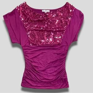 MOA MOA VINTAGE Y2K SEQUIN ROUCHED BATWIN PARTY TOP FUSHSIA MEDIUM